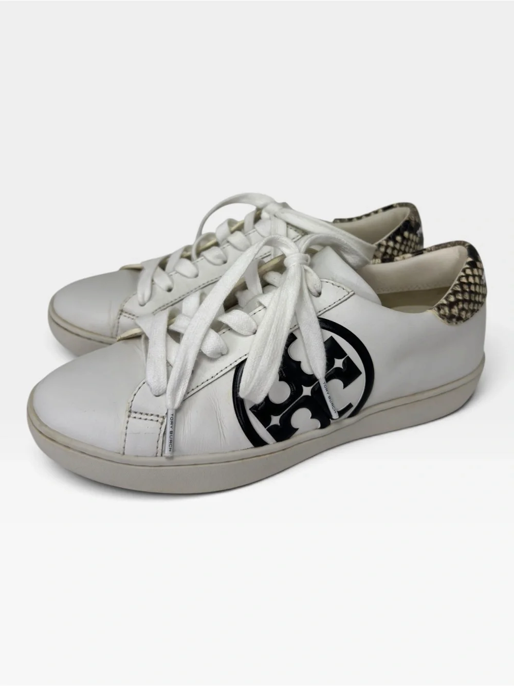 Tory Burch White Leather Logo Sneaker with Snake-Print Heel SIZE 6.5 W